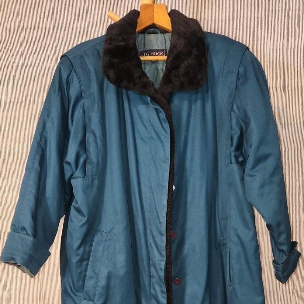 Vintage J.G. Hook 14 Petite Teal Cotton Blend‎ Black Faux Fur Lined Winter Coat